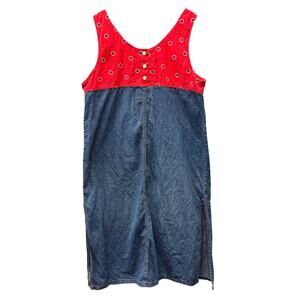 Vintage Maxi Dress Womens 18 W Blue Red Denim Pullover High Side Slits CST Sport